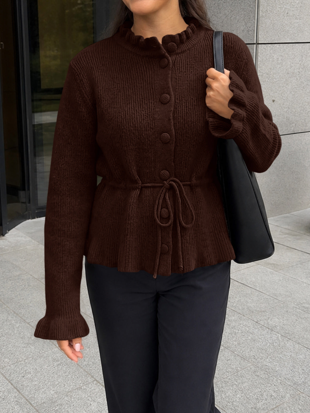 usvara Womens Ruffle Sleeve Button Tie Cardigans