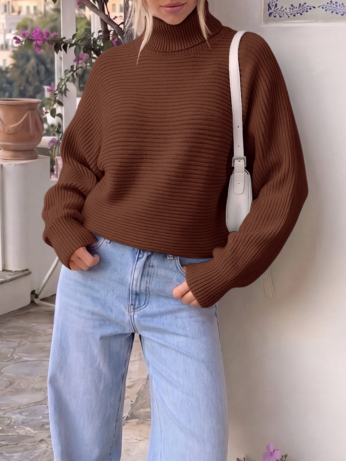 usvara Womens Batwing Sleeve Knit Turtleneck Sweater
