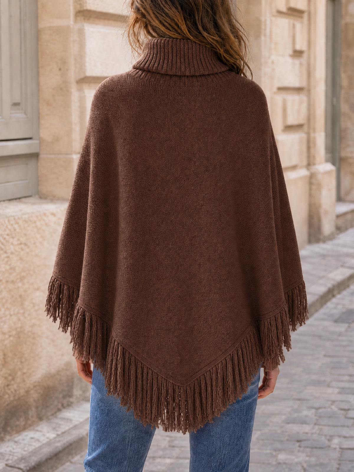 usvara Womens Fringe Turtleneck Poncho Sweater