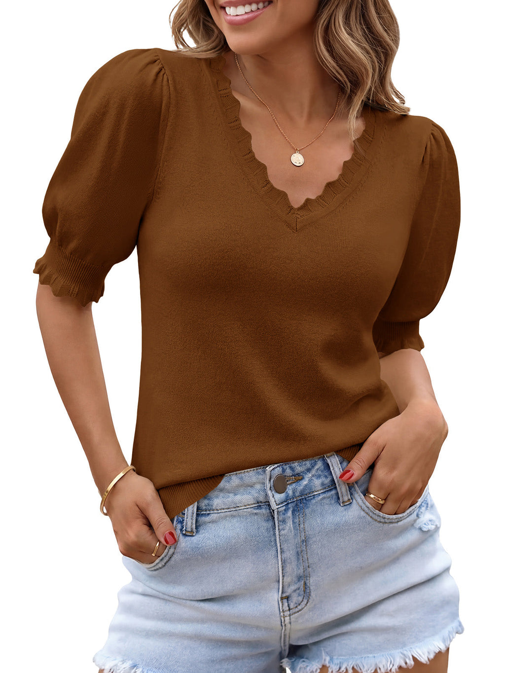 usvara Womens Puff Sleeve V Neck Knit Pullover