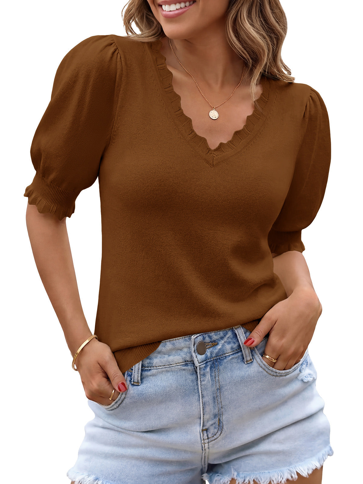usvara Womens Puff Sleeve V Neck Knit Pullover