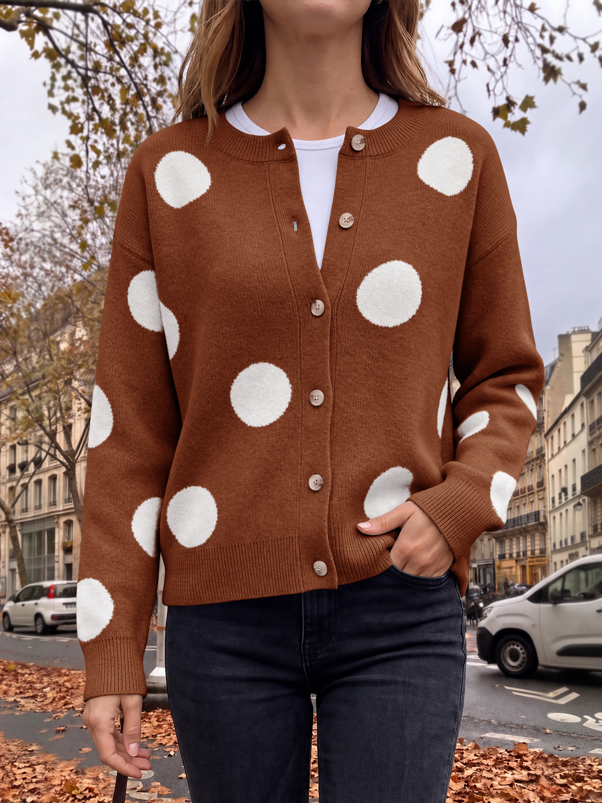 usvara Women Polka Dot Knit Cardigan
