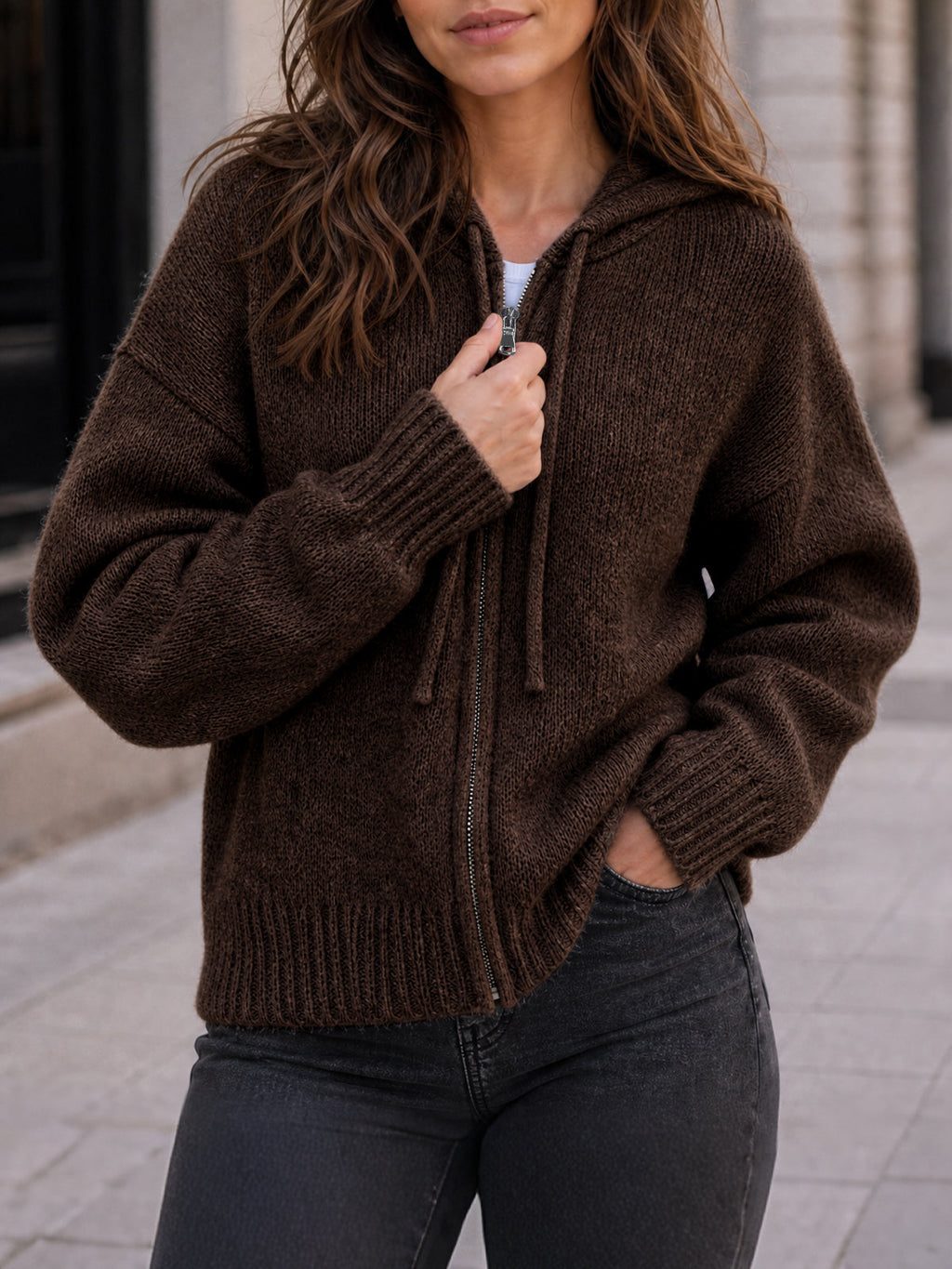 usvara Womens Zip Up Hooded Knit Cardigan