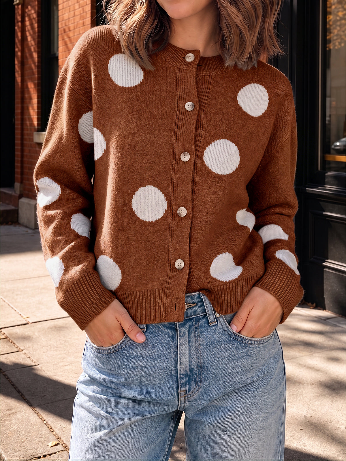 usvara Women Polka Dot Knit Cardigan