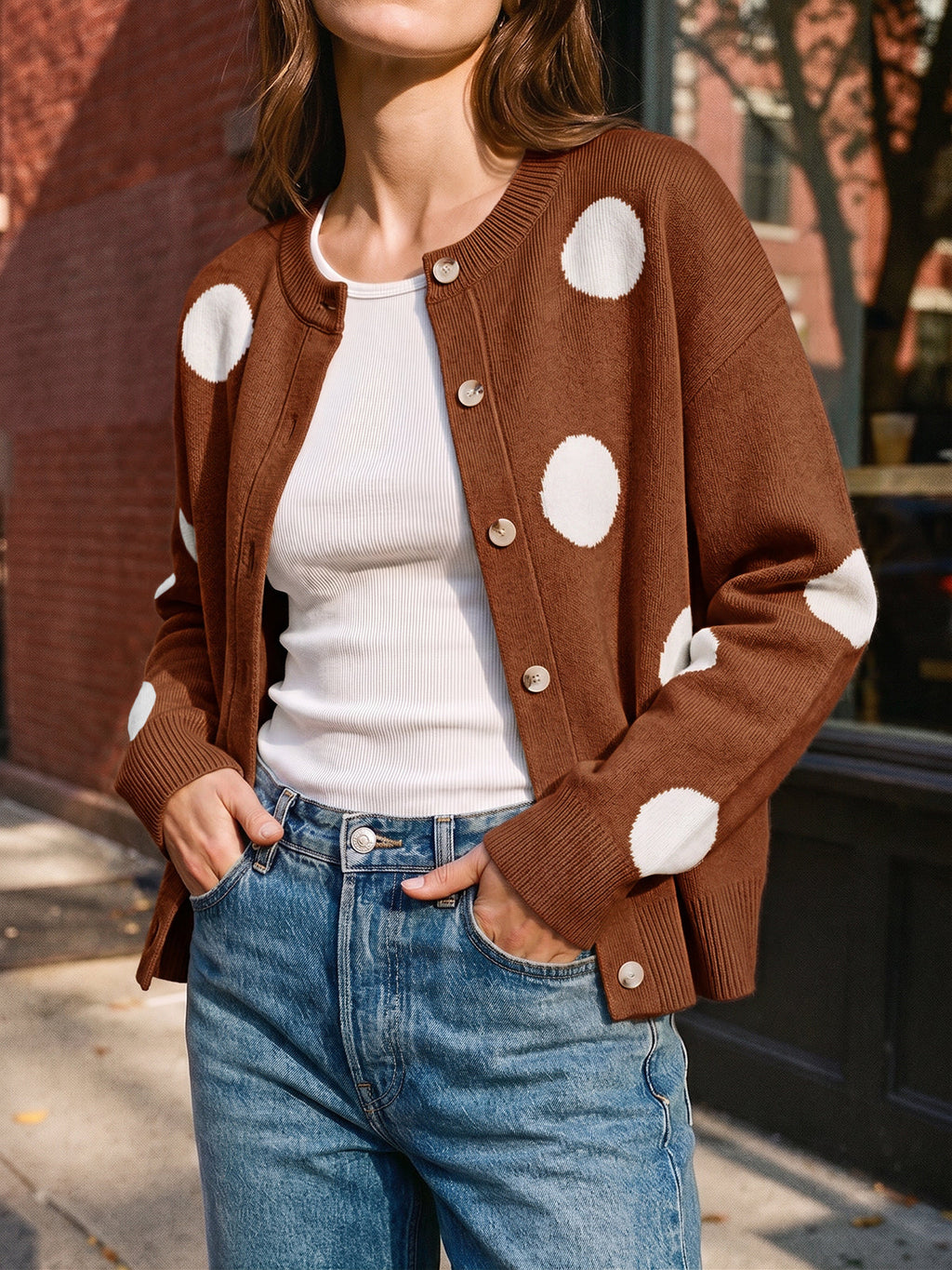 usvara Women Polka Dot Knit Cardigan