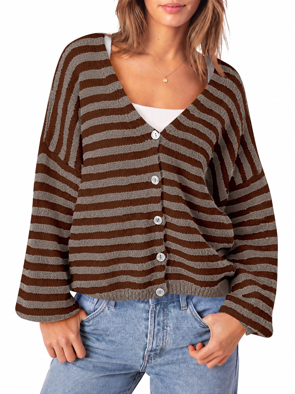 usvara Women Striped V-Neck Knit Cardigan Sweater
