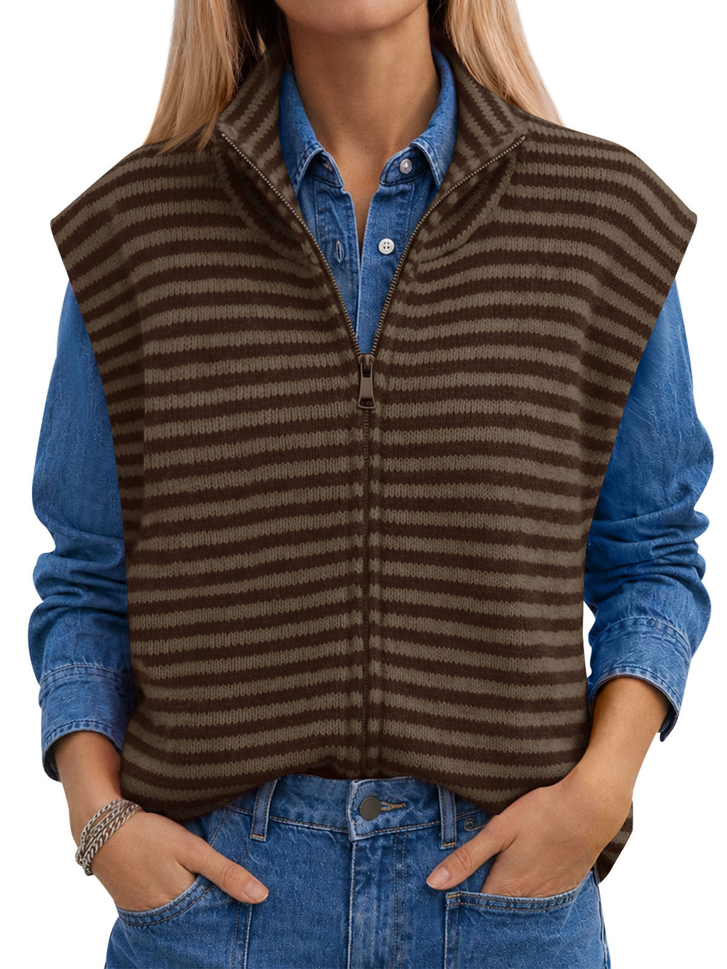 usvara Women Striped Zip Up Knit Cardigan