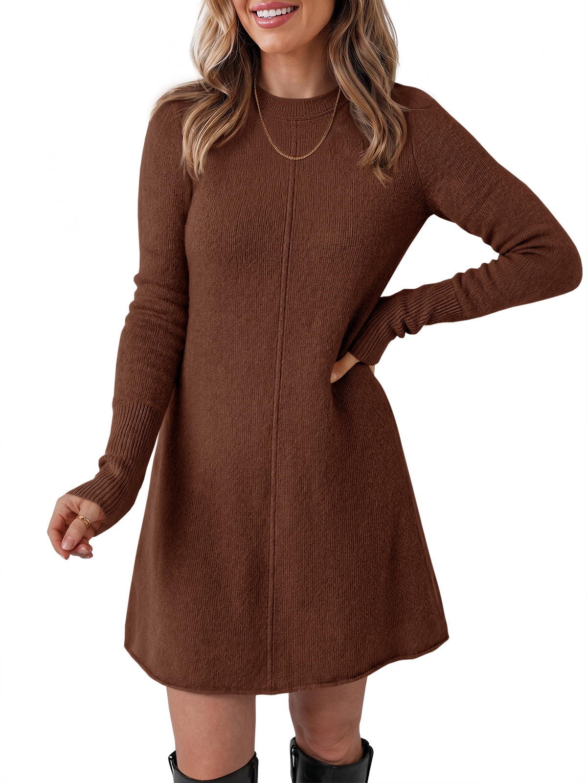 usvara Women Long Sleeve Knit Fit Flare Mini Sweater Dress