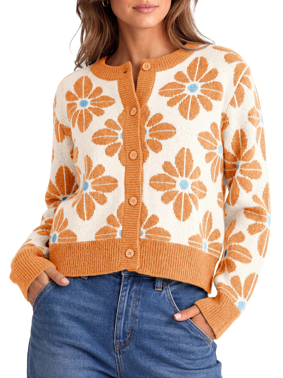 usvara Womens Floral Button Up Vintage Sweater