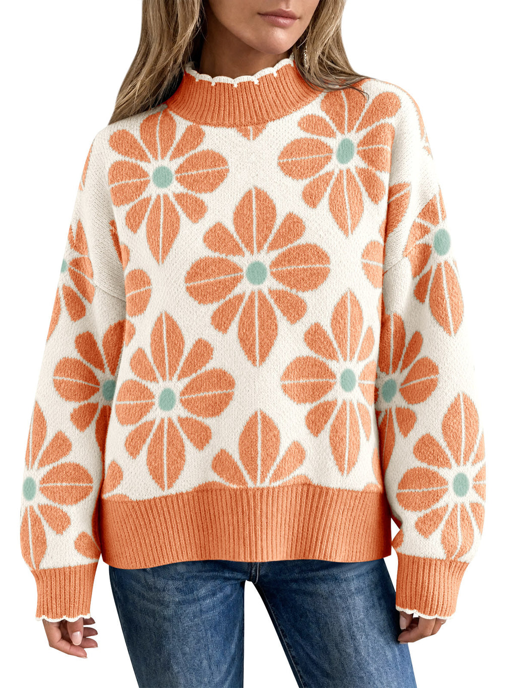 usvara Womens Mock Neck Floral Knit Sweater