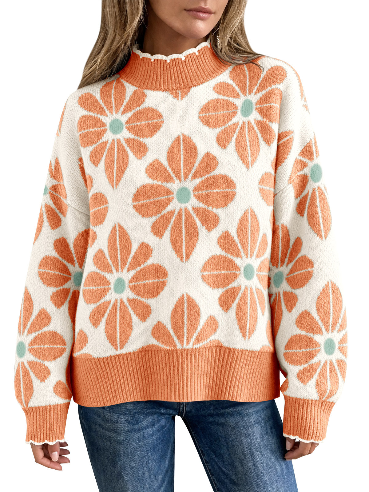usvara Womens Mock Neck Floral Knit Sweater