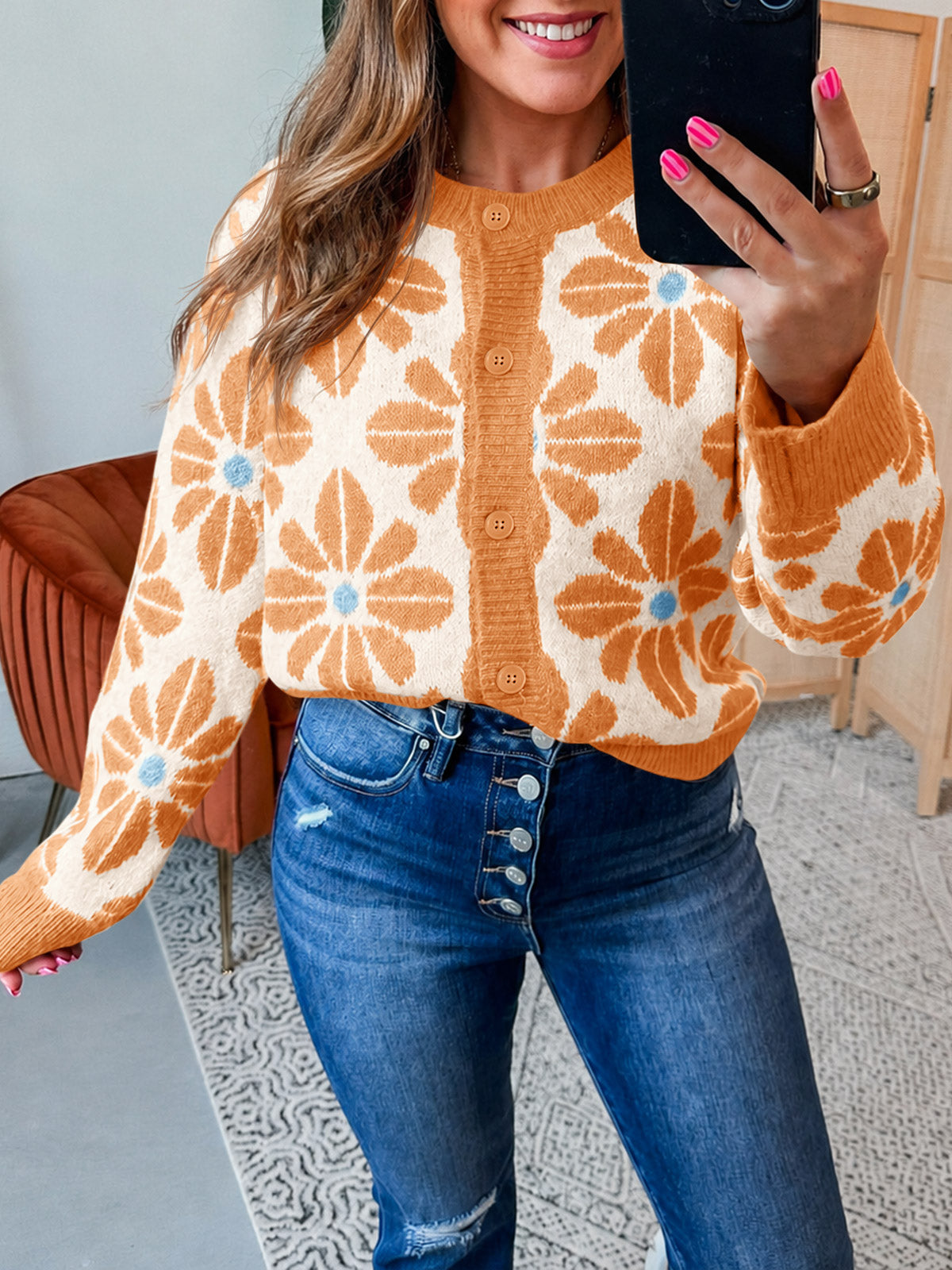 usvara Womens Floral Button Up Vintage Sweater