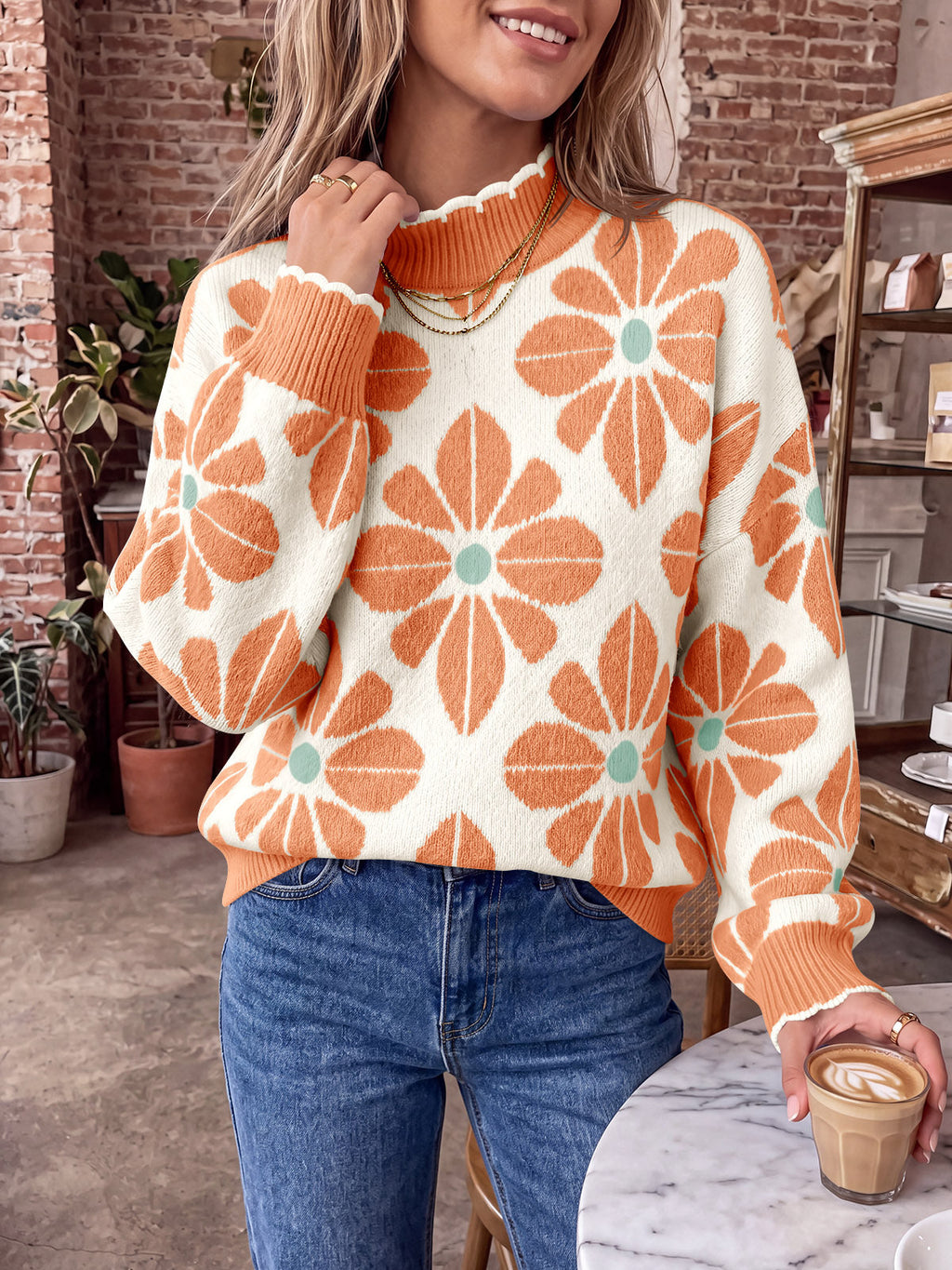usvara Womens Mock Neck Floral Knit Sweater