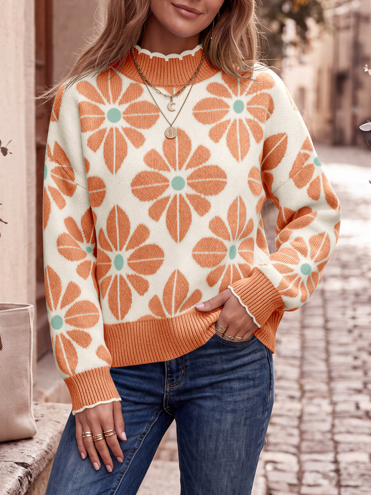 usvara Womens Mock Neck Floral Knit Sweater