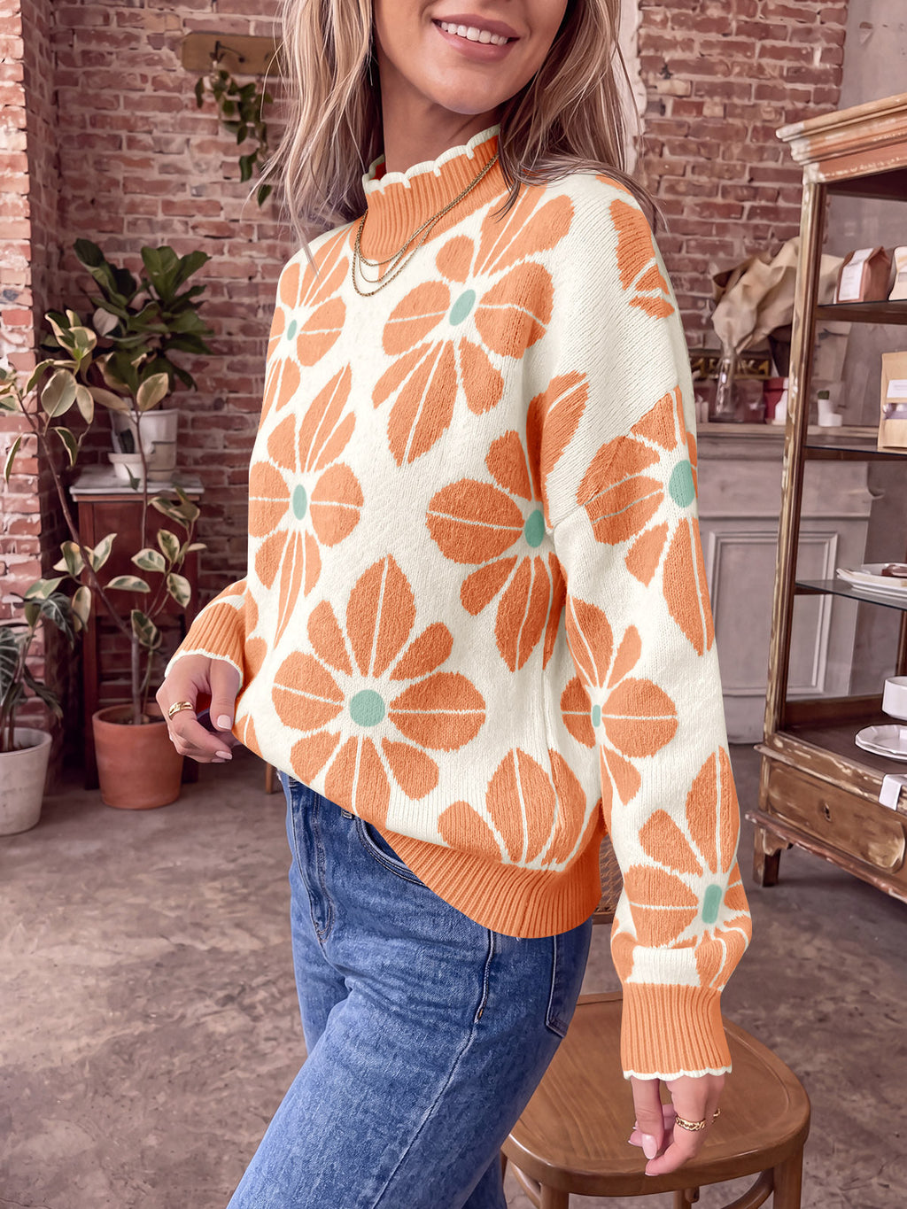 usvara Womens Mock Neck Floral Knit Sweater