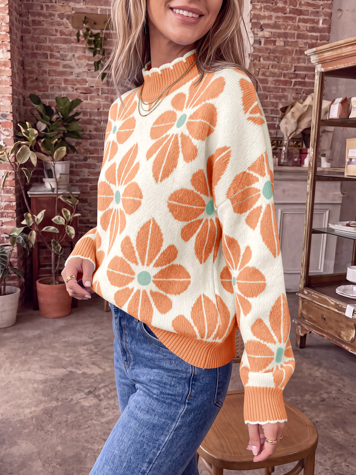 usvara Womens Mock Neck Floral Knit Sweater