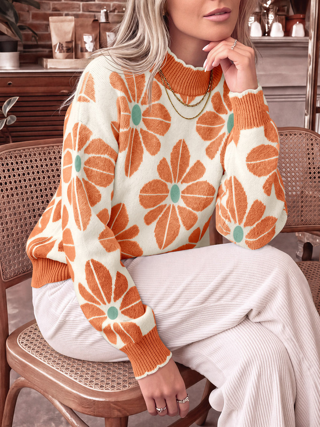 usvara Womens Mock Neck Floral Knit Sweater