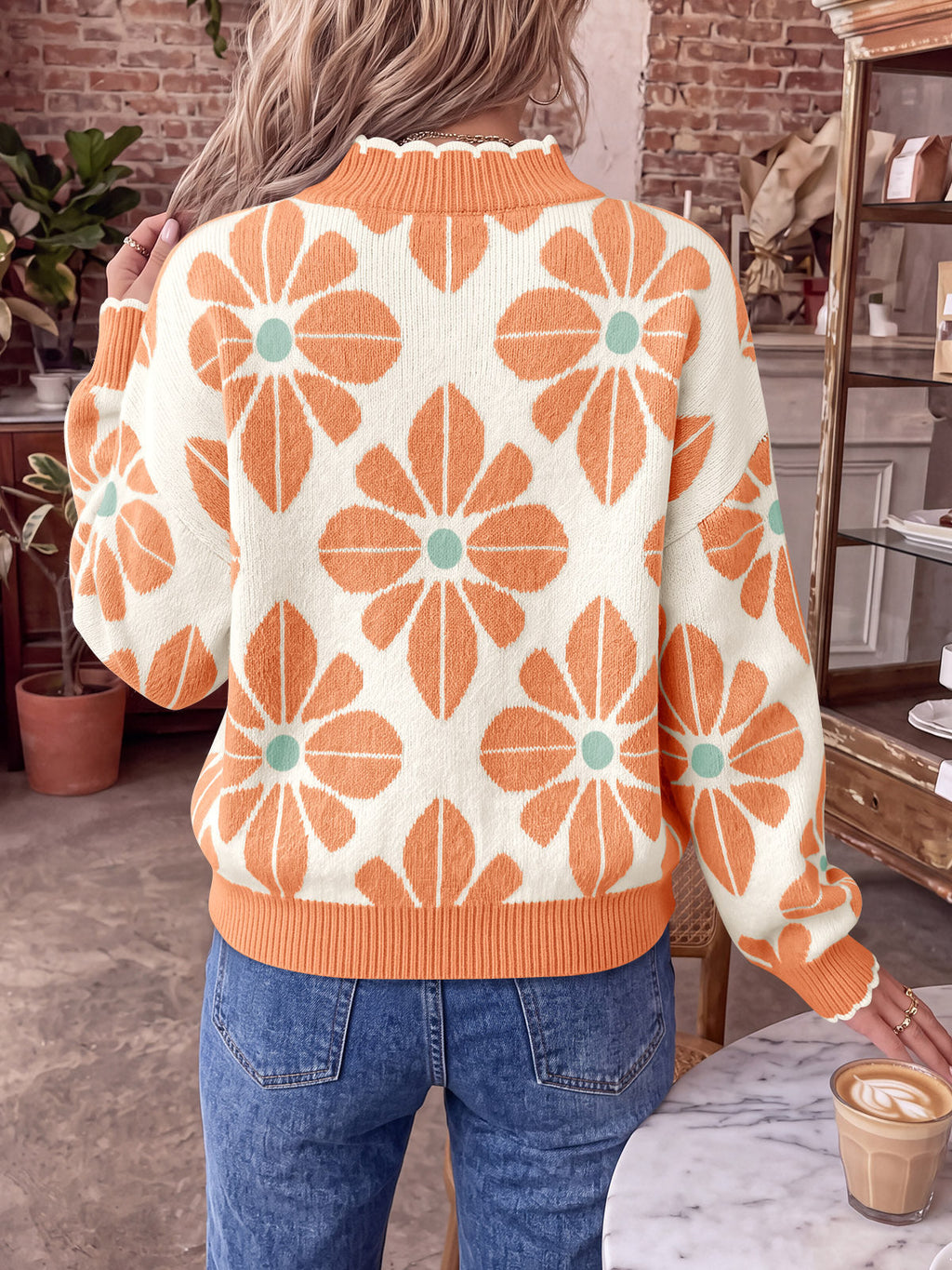 usvara Womens Mock Neck Floral Knit Sweater