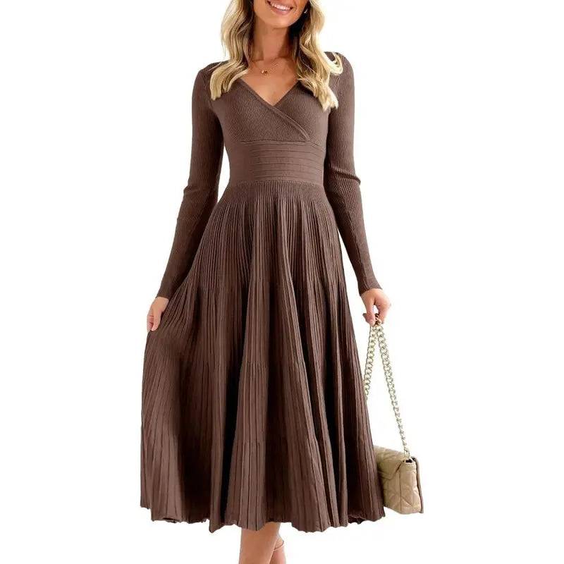 Saodimallsu Women's Cozy Knit V-Neck Deep V-Neck Long-Sleeve Ribbed Polyester A-Type Midi Dress - Fabric-Wrap, Machine-Washable Casual Party Dress