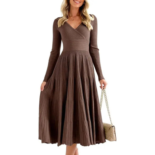 Saodimallsu Women's Cozy Knit V-Neck Deep V-Neck Long-Sleeve Ribbed Polyester A-Type Midi Dress - Fabric-Wrap, Machine-Washable Casual Party Dress