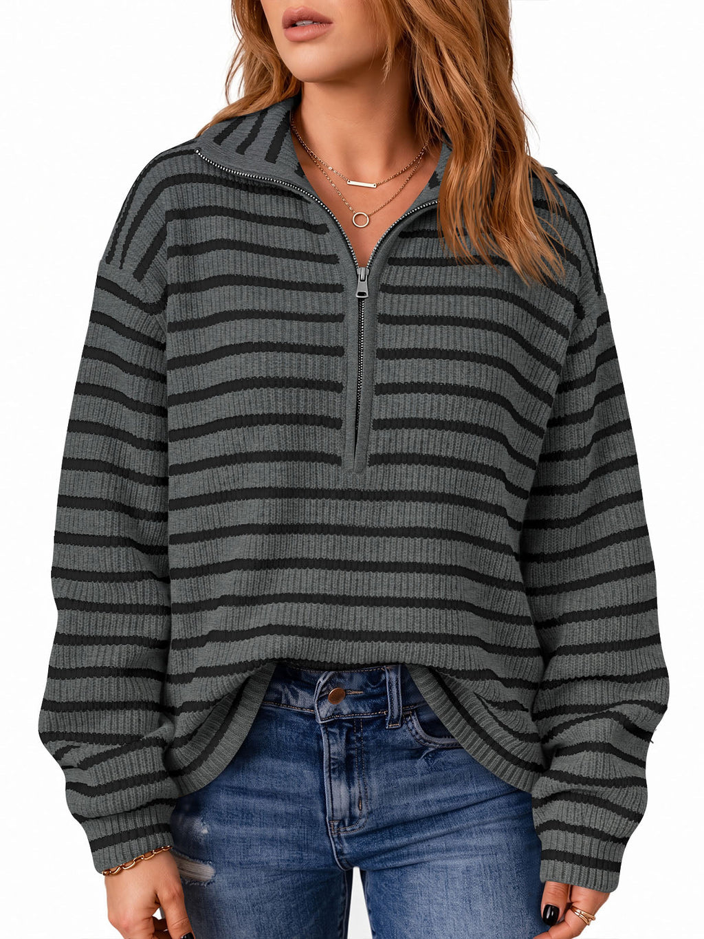 usvara Womens Striped Half Zip Sweater