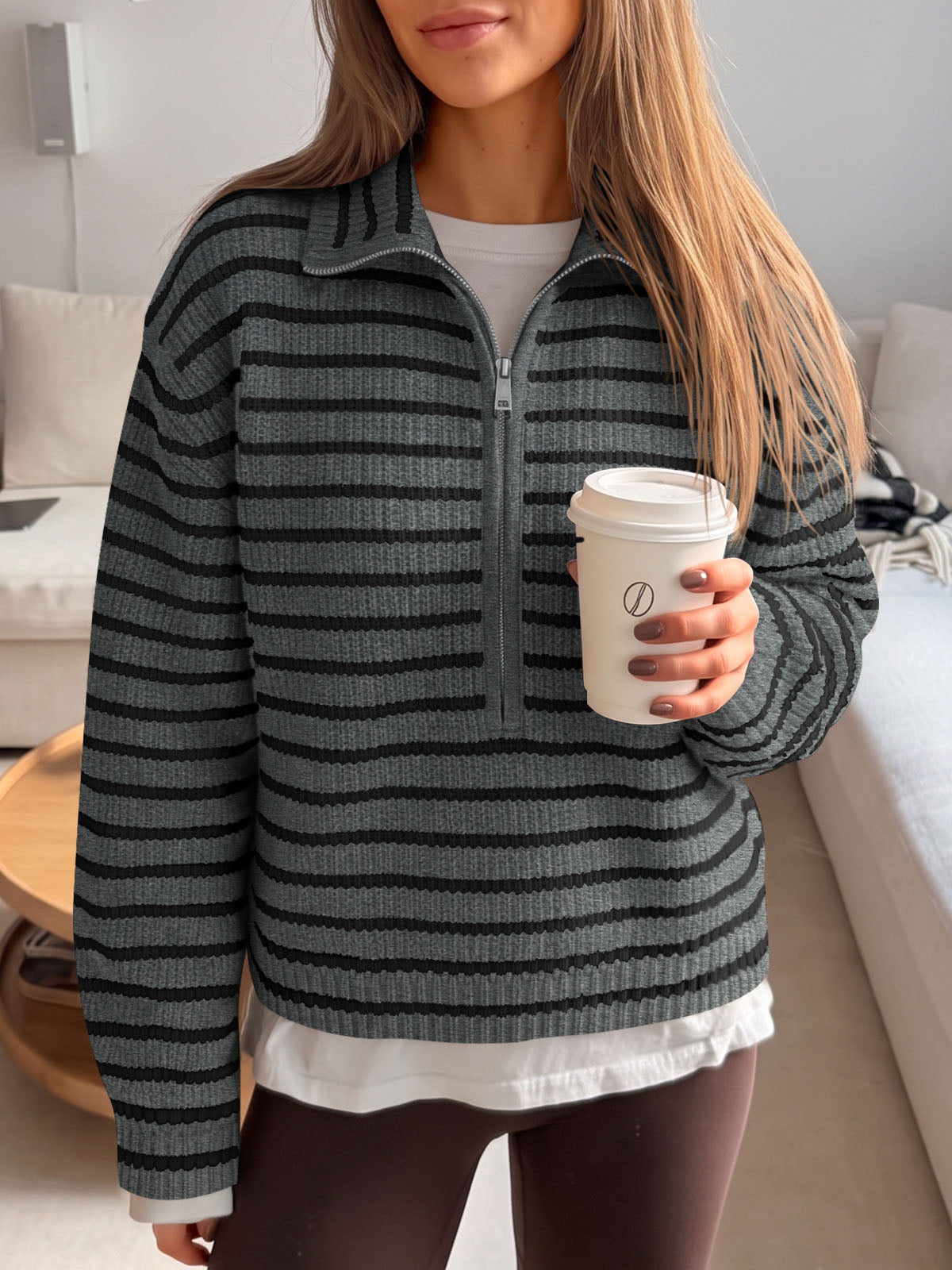 usvara Womens Striped Half Zip Sweater