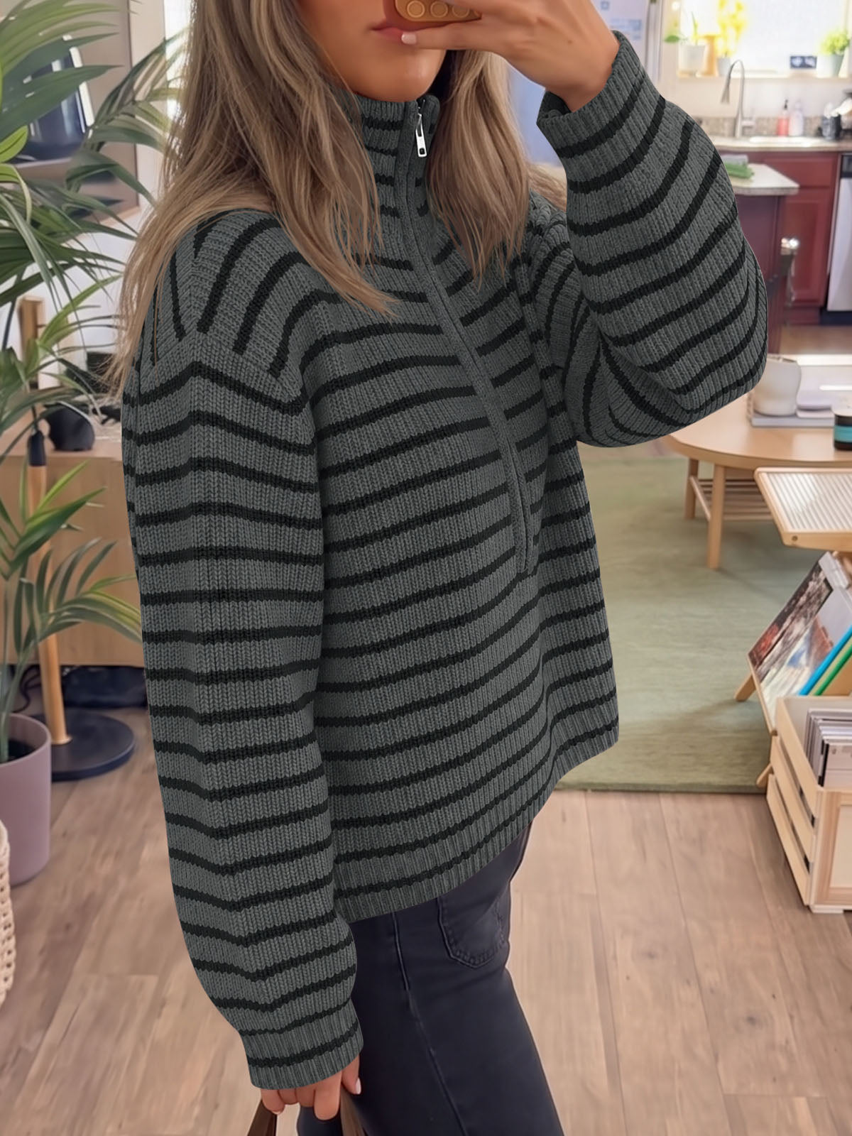usvara Womens Striped Half Zip Sweater