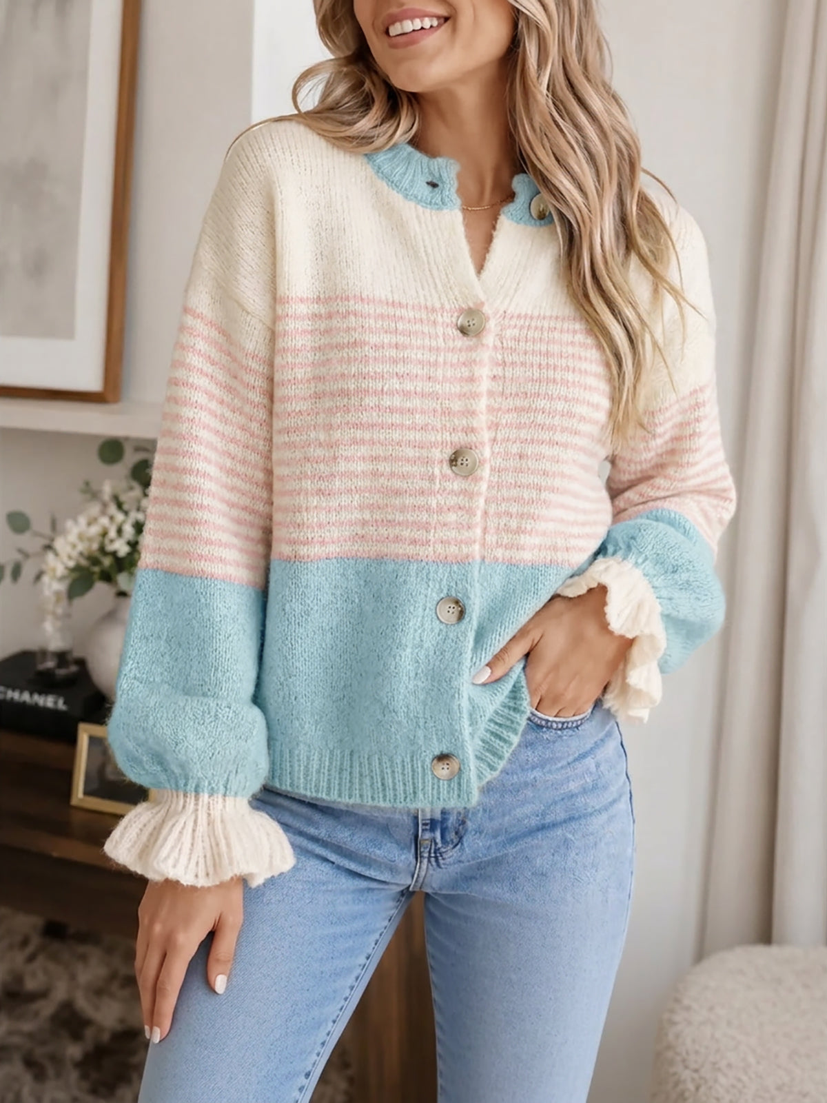 usvara Womens Striped Ruffle Sleeve Cardigan Coats