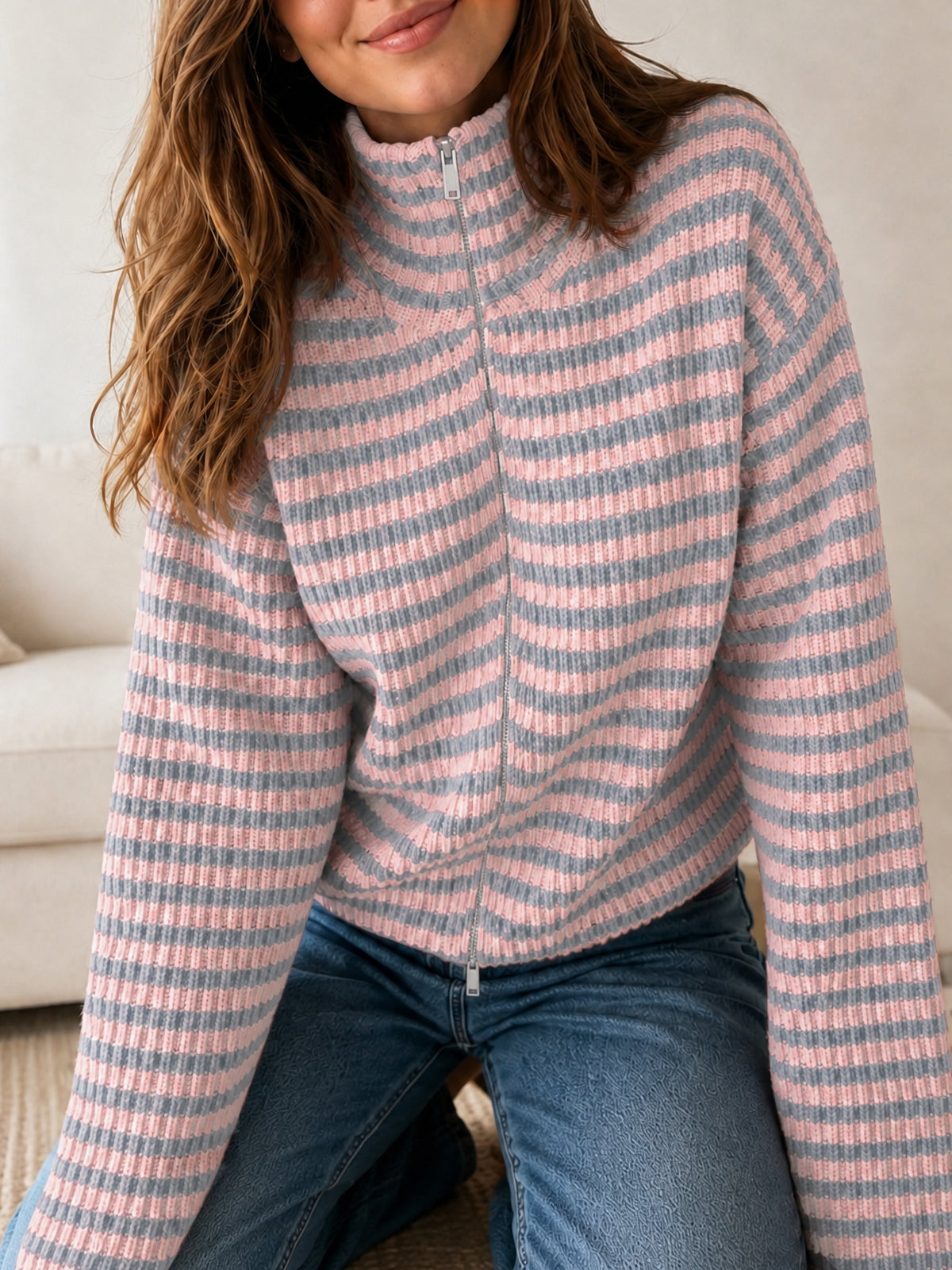 usvara Womens Striped Zip Knit Cardigan