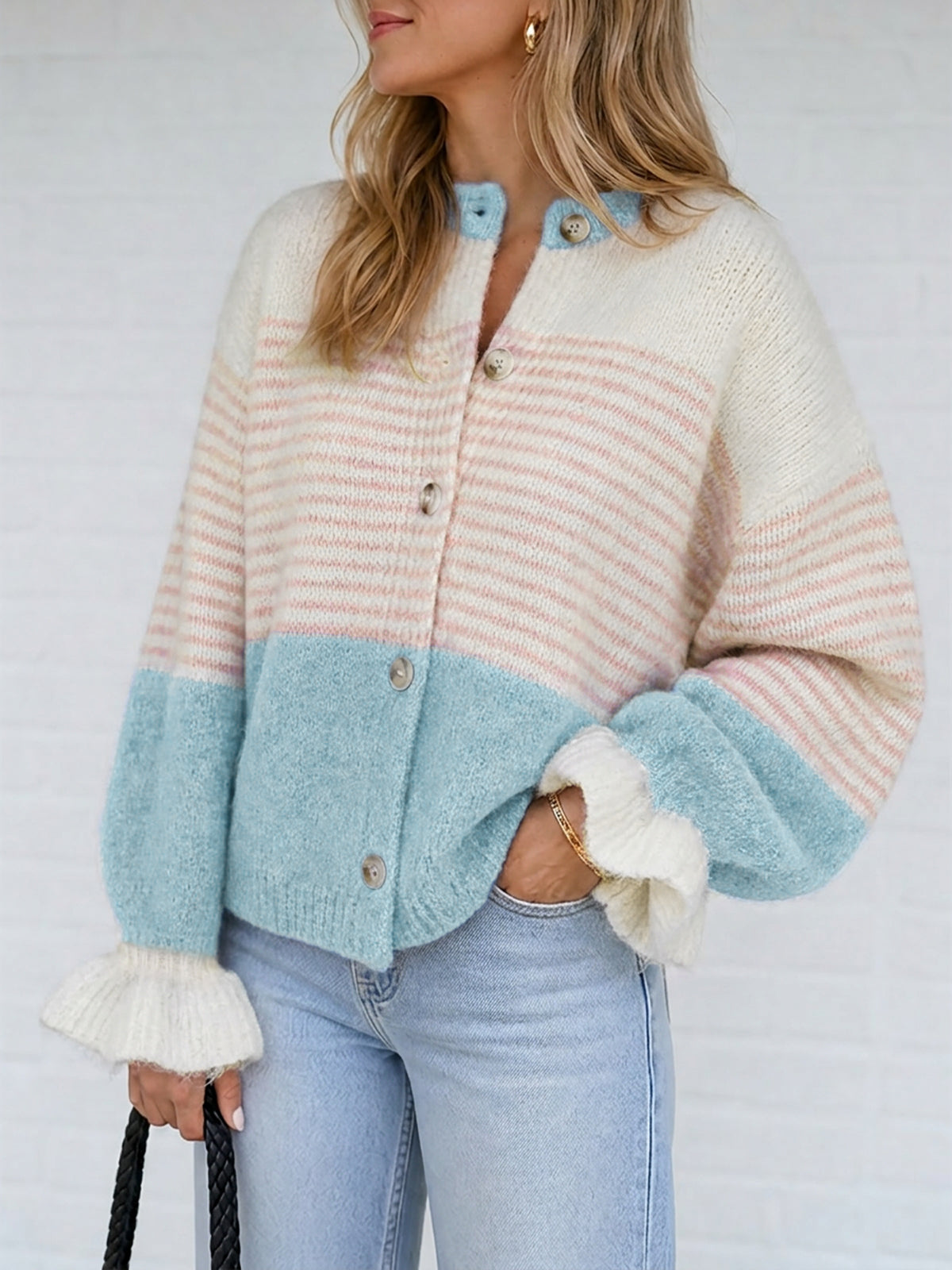 usvara Womens Striped Ruffle Sleeve Cardigan Coats