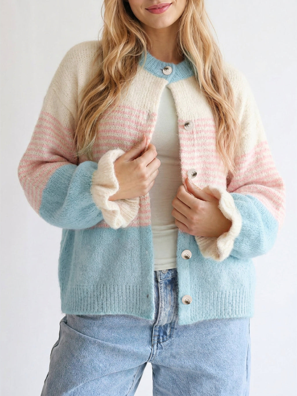 usvara Womens Striped Ruffle Sleeve Cardigan Coats