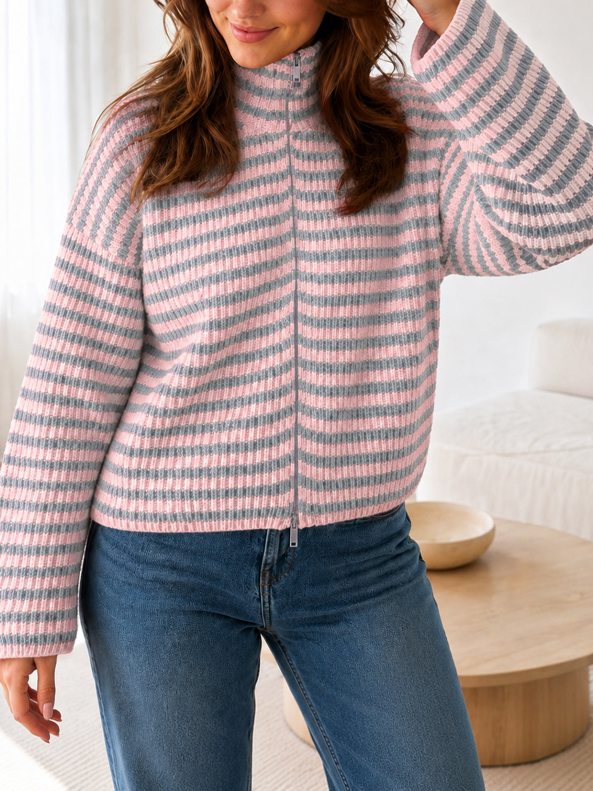 usvara Womens Striped Zip Knit Cardigan