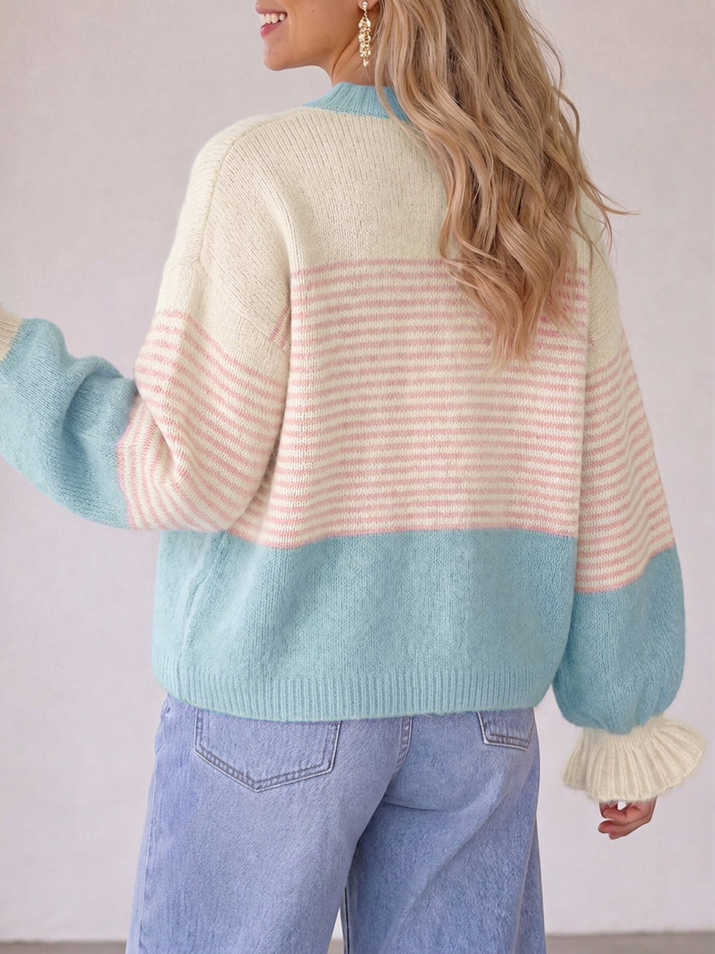 usvara Womens Striped Ruffle Sleeve Cardigan Coats