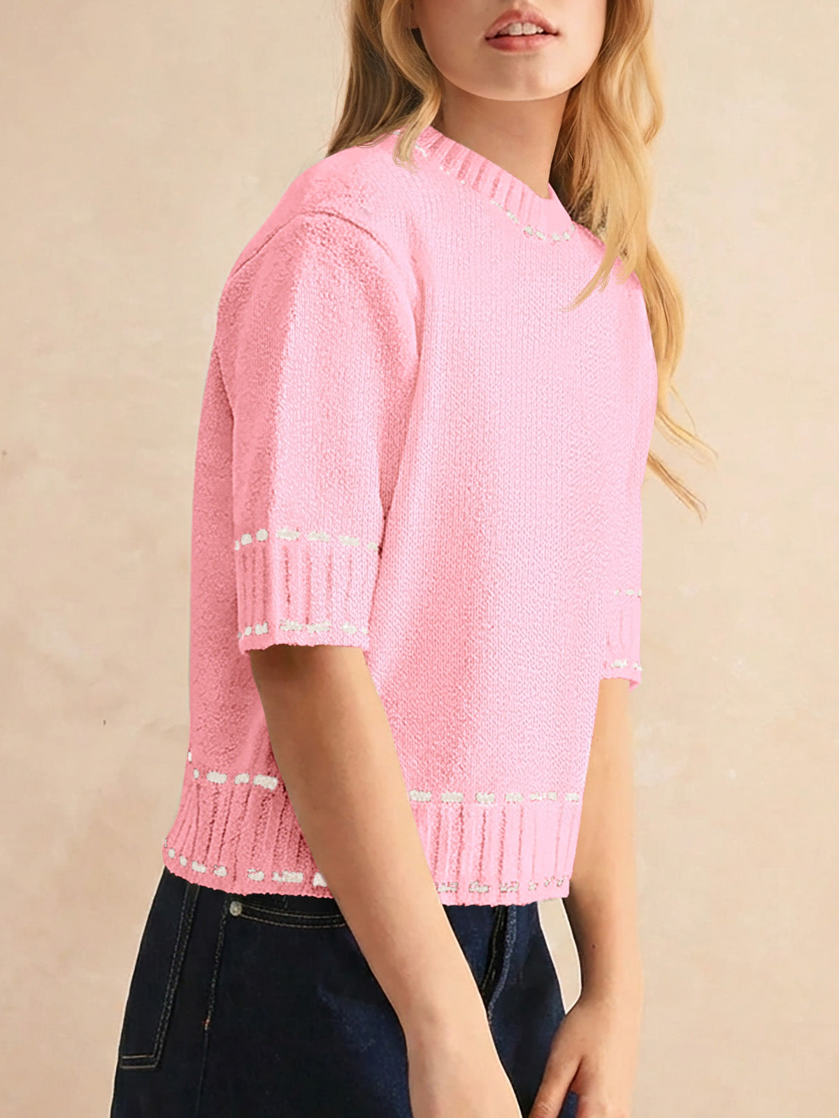 usvara Womens Cropped Crew Neck Knit Sweater