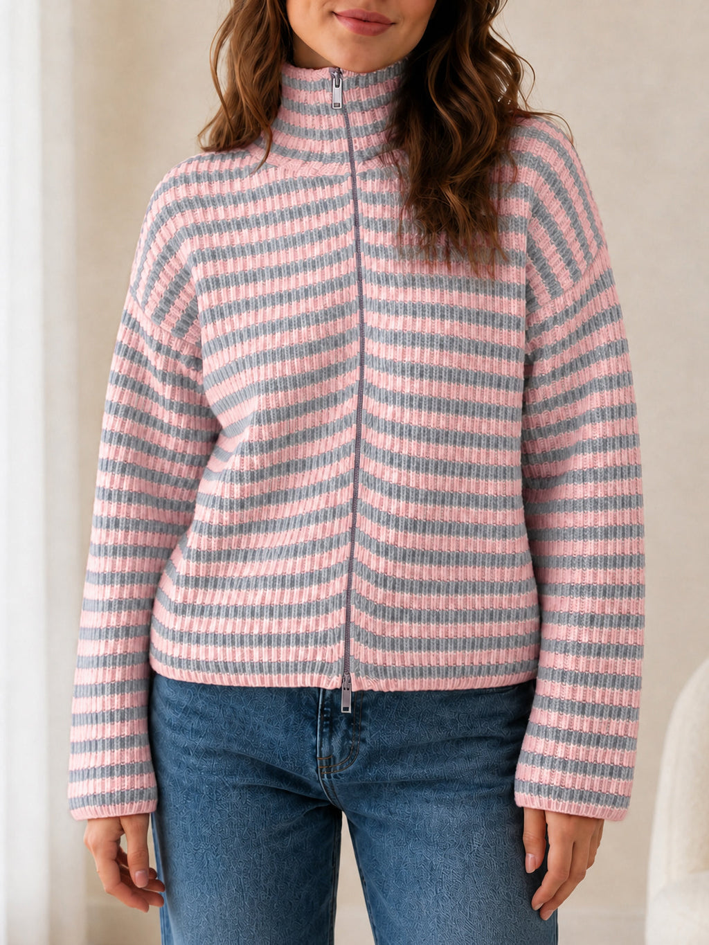 usvara Womens Striped Zip Knit Cardigan