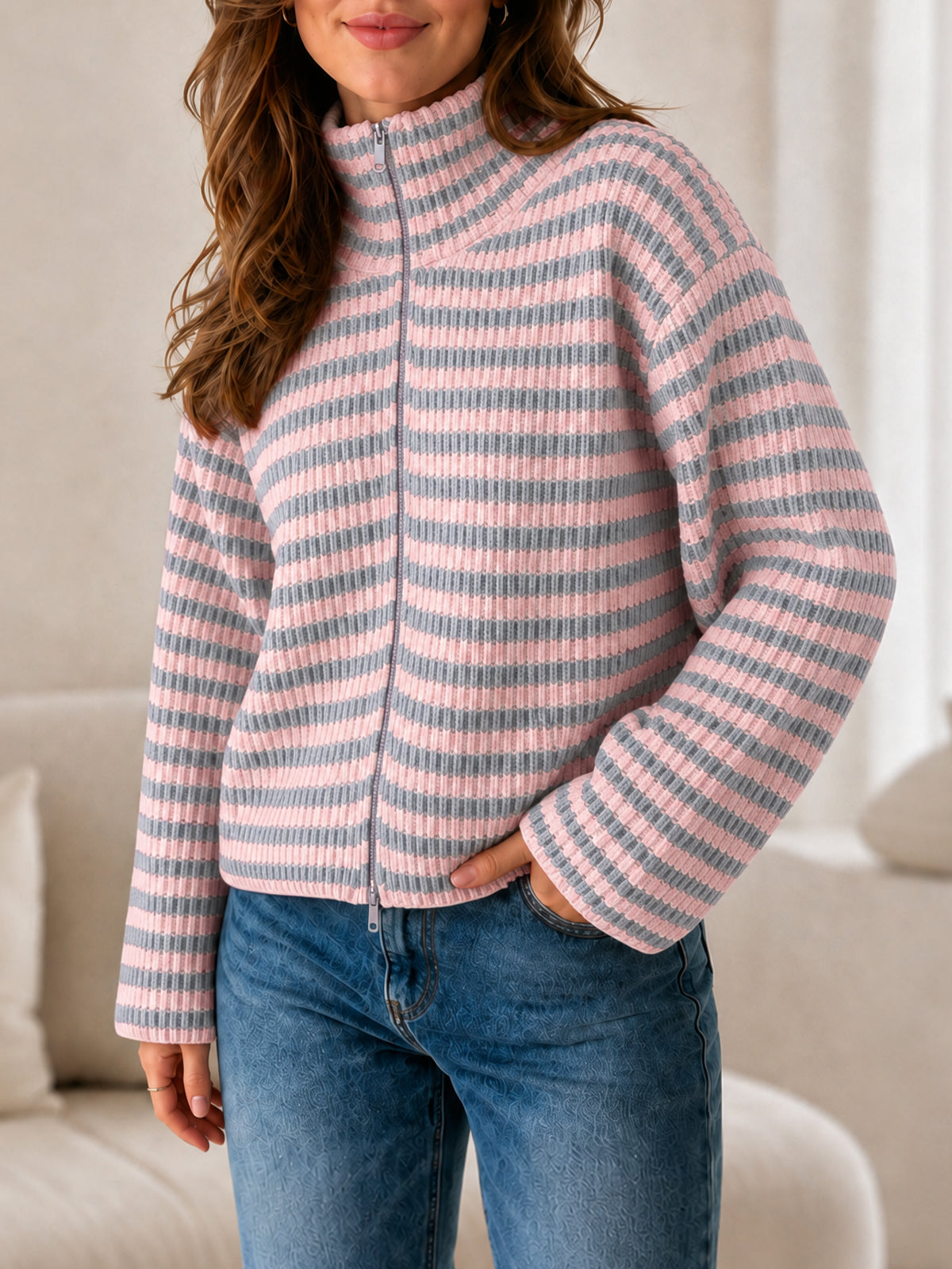 usvara Womens Striped Zip Knit Cardigan