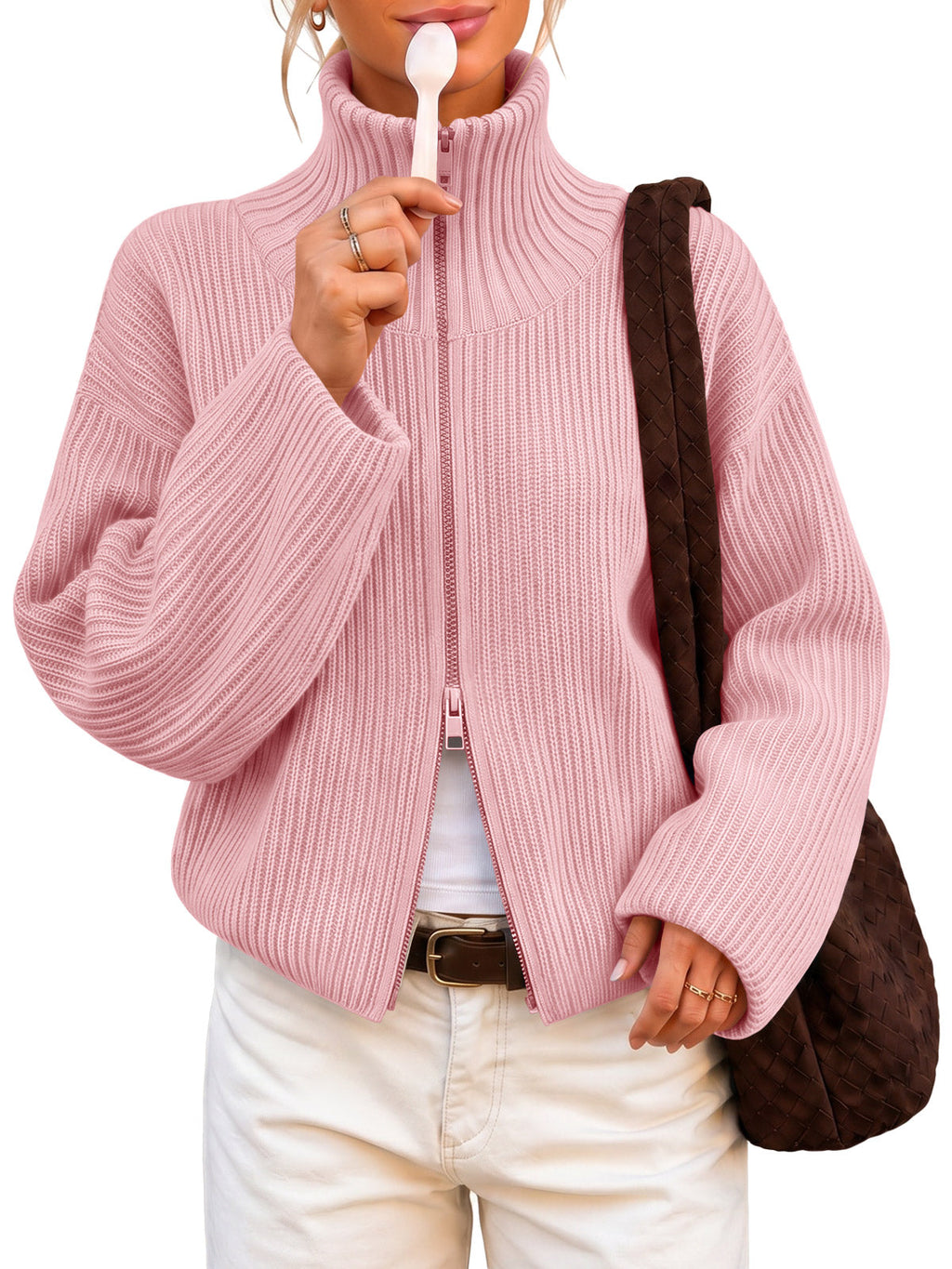 usvara Women Zip Up Chunky Knit Sweater
