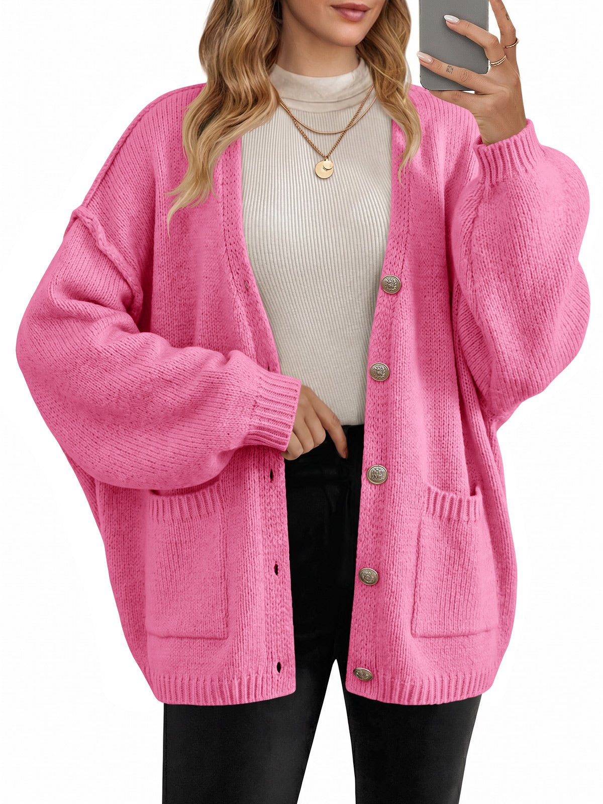 usvara Womens V Neck Loose Button Cardigan
