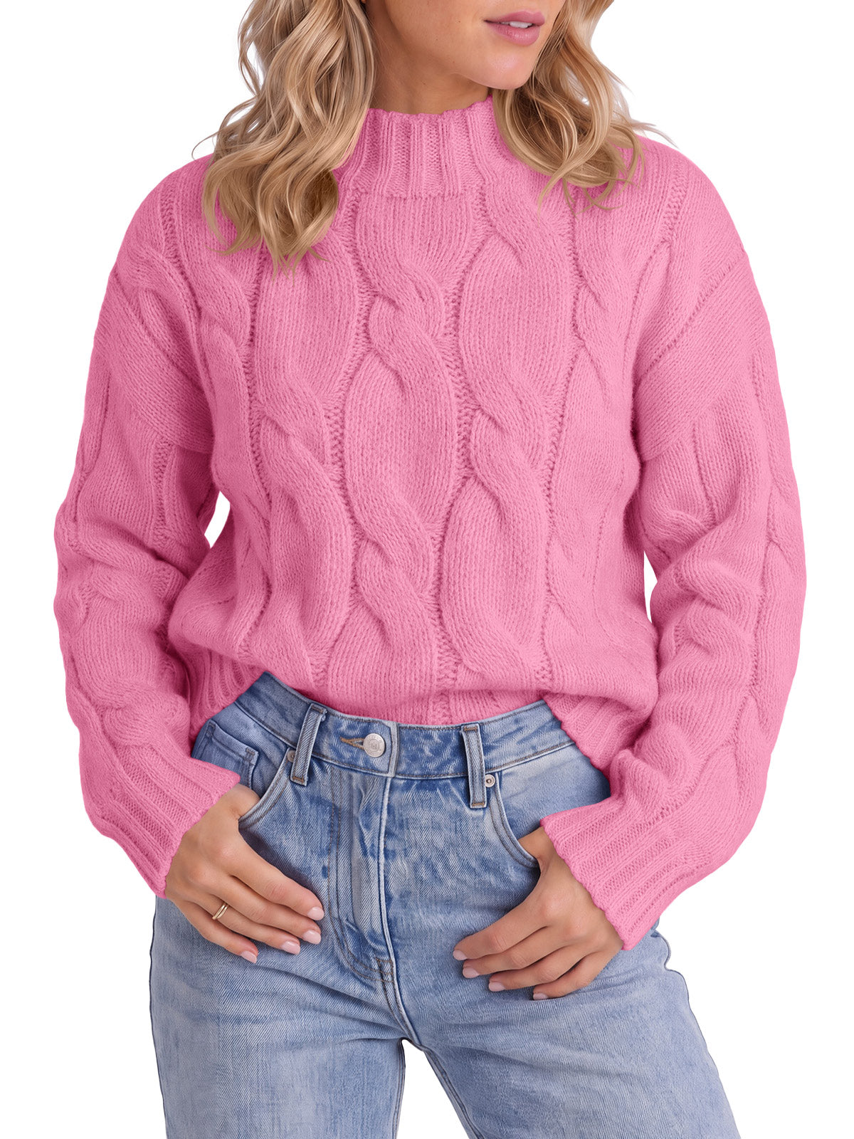 usvara Womens Mock Neck Cable Knit Sweater
