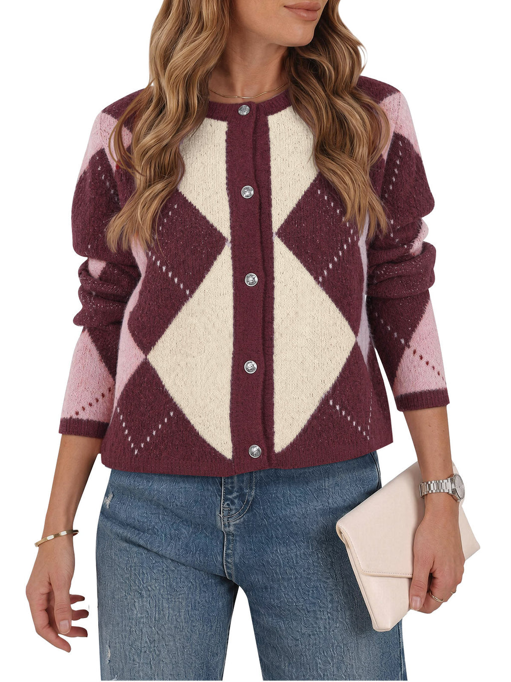 usvara Womens Argyle Crew Neck Knit Cardigan