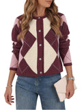 usvara Womens Argyle Crew Neck Knit Cardigan
