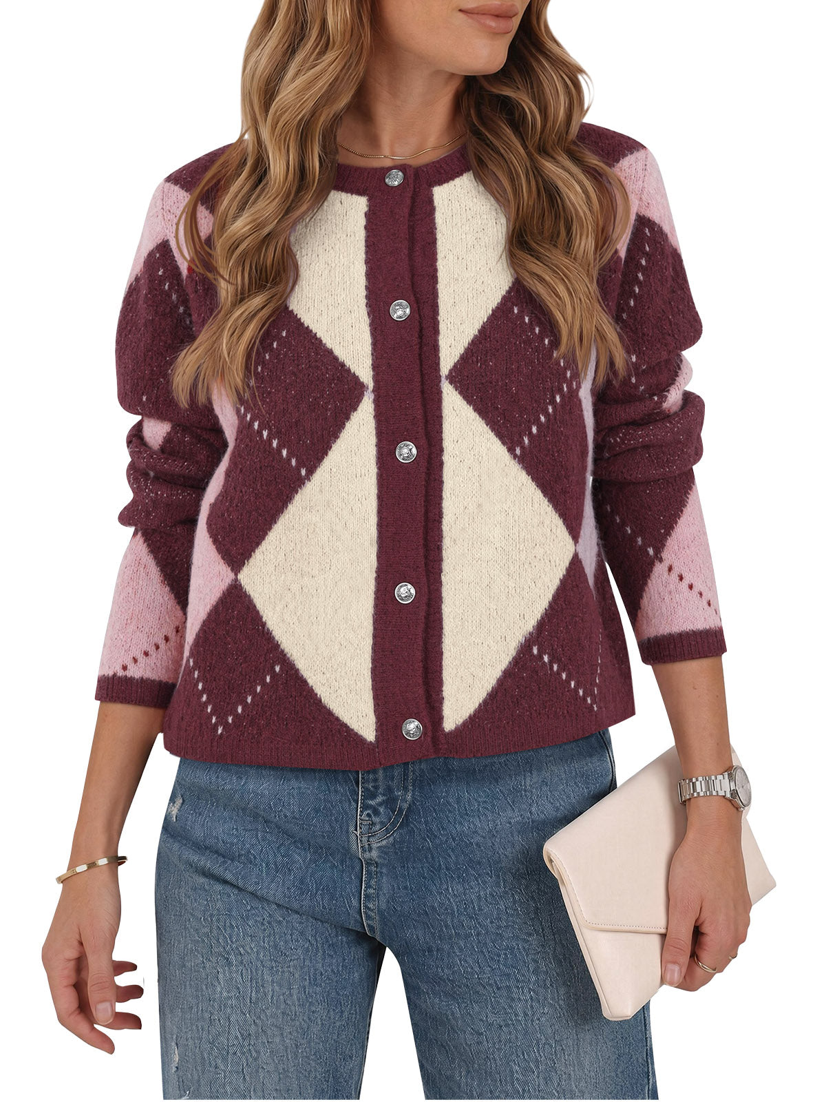 usvara Womens Argyle Crew Neck Knit Cardigan