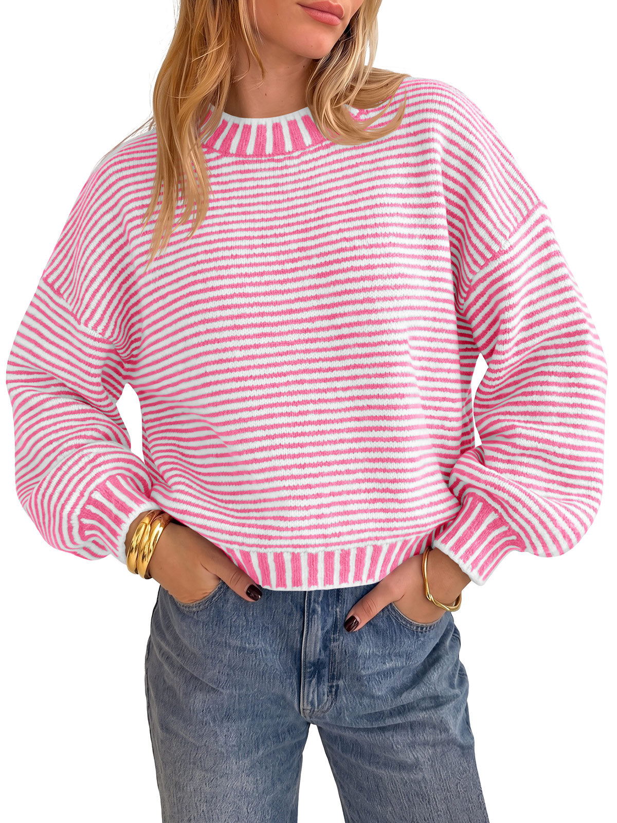 usvara Womens Striped Crew Neck Knit Sweater