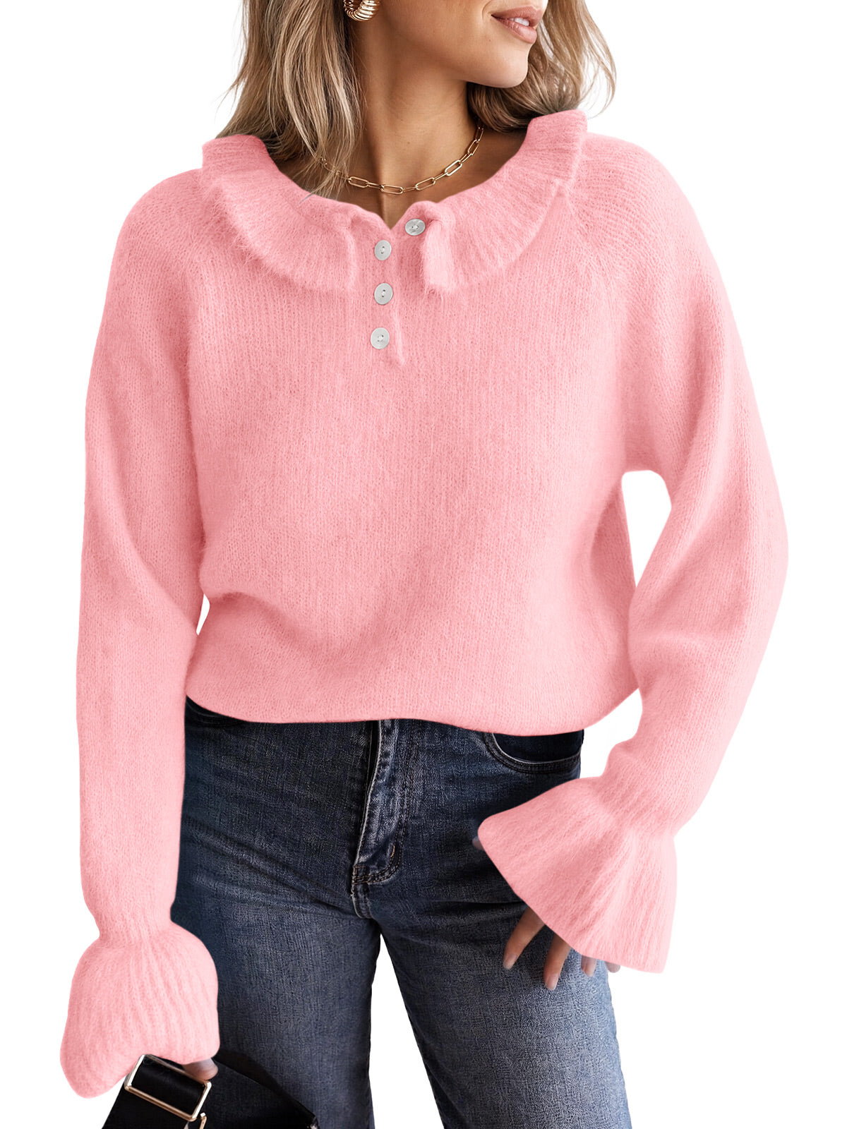 usvara Women Ruffle Collared Long Sleeve Sweater