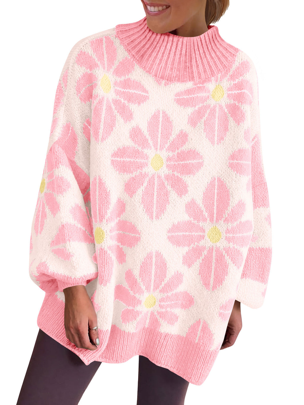 usvara Womens Floral Mock Neck Chunky Sweater