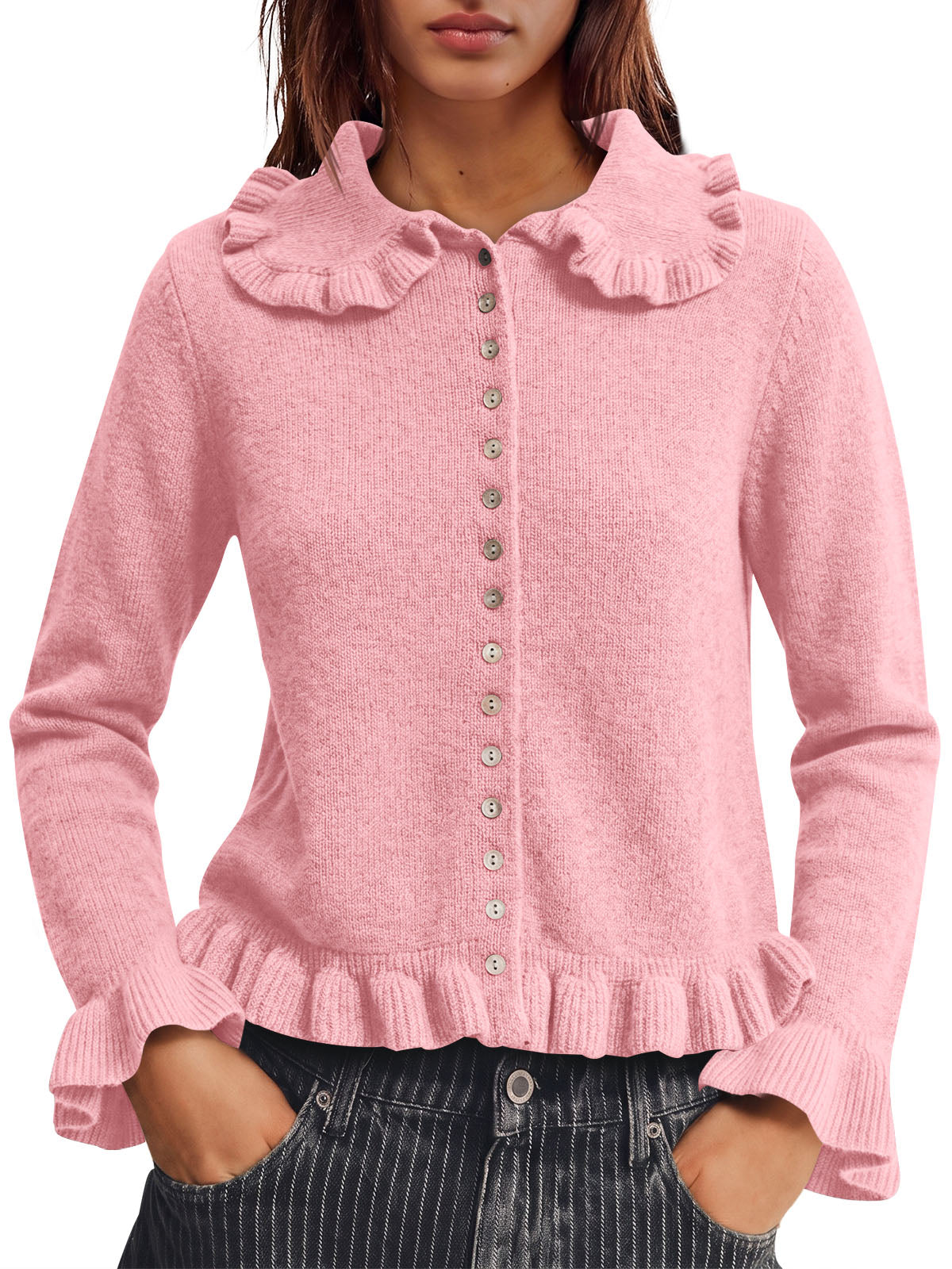 usvara Womens Ruffle Button Down Cardigan