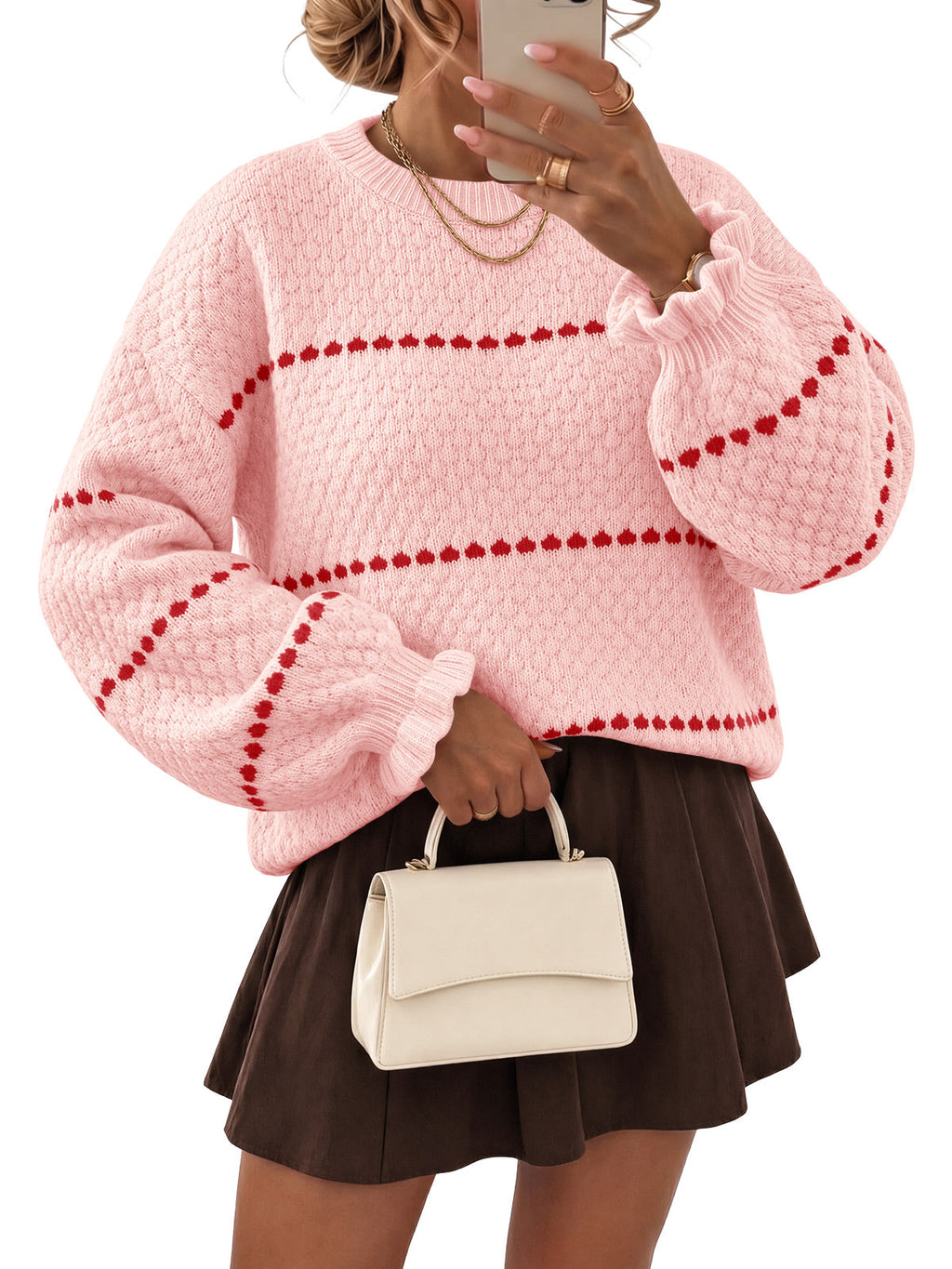 usvara Womens Heart Striped Ruffle Sweaters