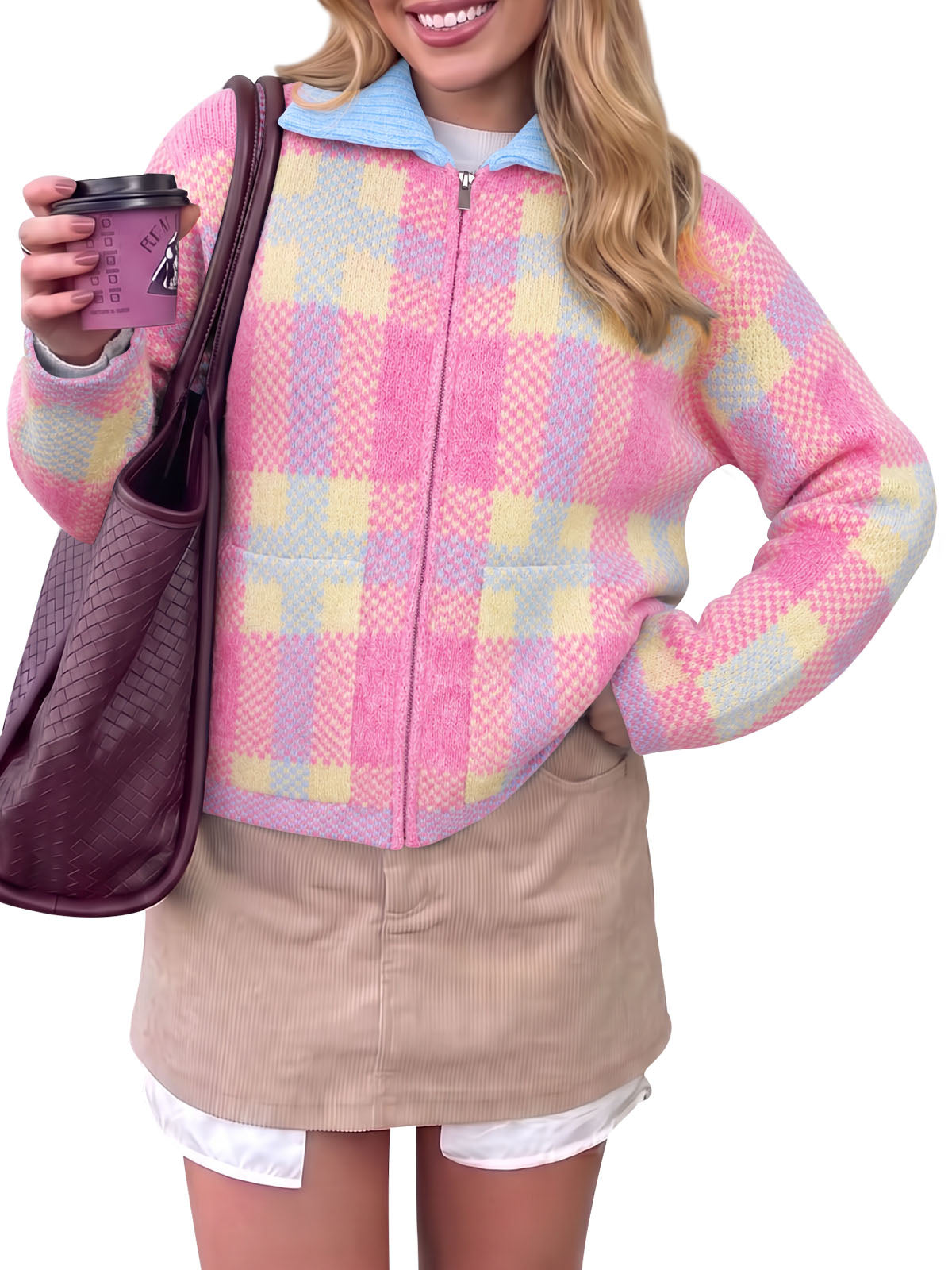 usvara Womens Plaid Color Block Zip Cardigan