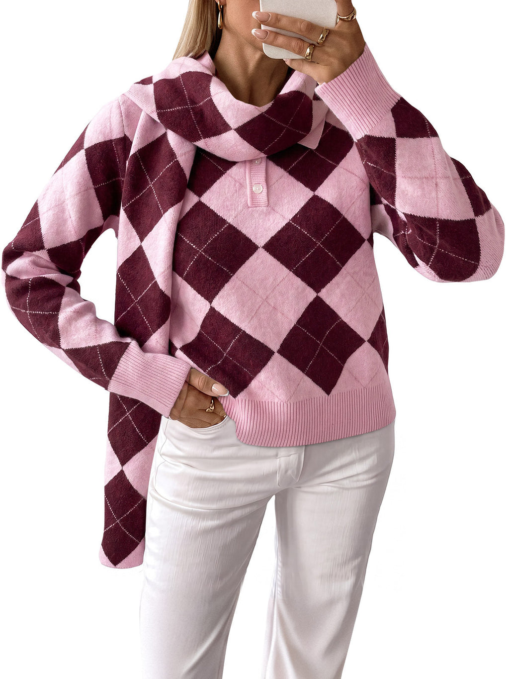 usvara Womens Argyle Color Block Polo Sweater