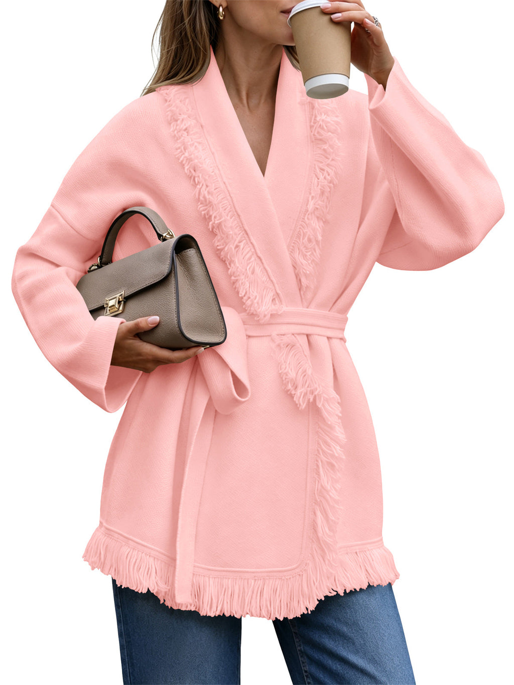 usvara Womens Tassel Fringe Lapel Cardigan